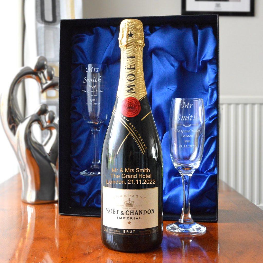 Personalised Mr & Mrs Moet Champagne Gift Set with Engraved Champagne Flutes