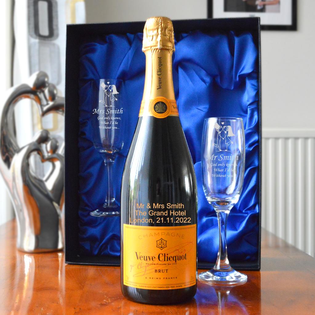 Personalised Wedding Veuve Clicquot Champagne Gift Set with Engraved Champagne Flutes