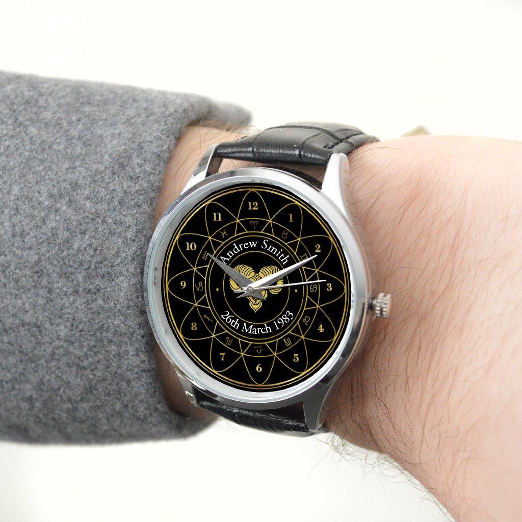 Personalised Wrist Watch with Aries Arabic Design