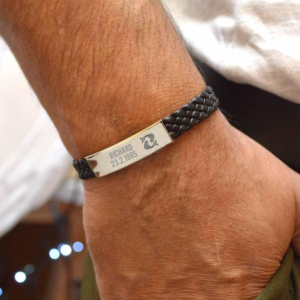 Personalised Men's Pisces Leather Bracelet