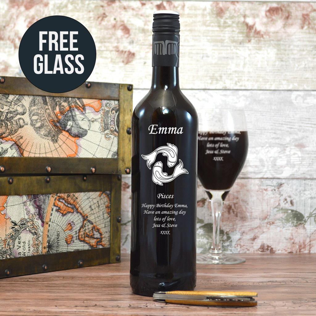 Personalised Pisces Design Wine With Free Engraved Glass!