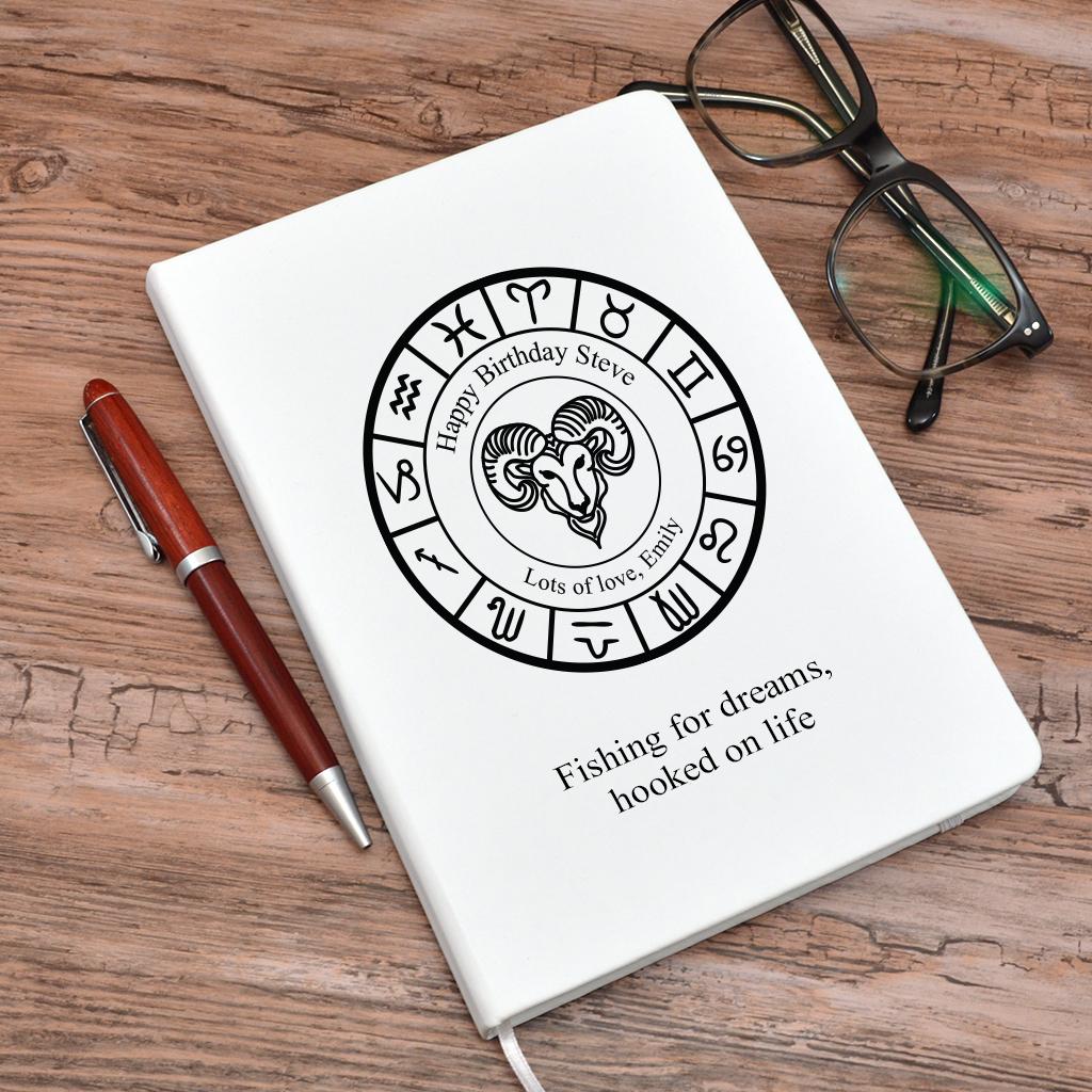 Personalised A5 Notebook With Aries Ox Design White