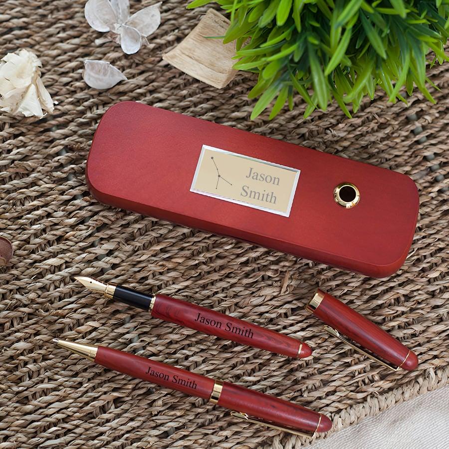 Engraved Wooden Pens Set With An Aries design presentation box