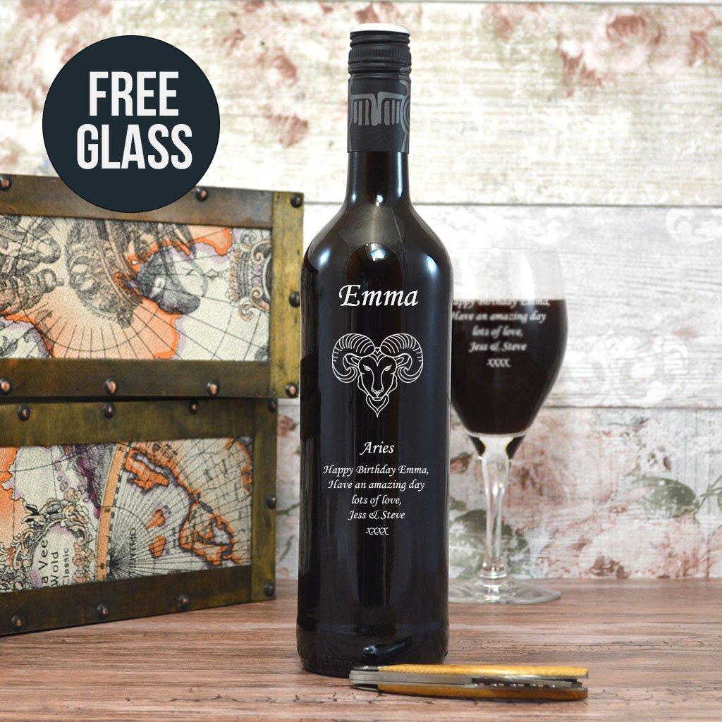 Personalised Aries Design Wine With Free Engraved Glass!