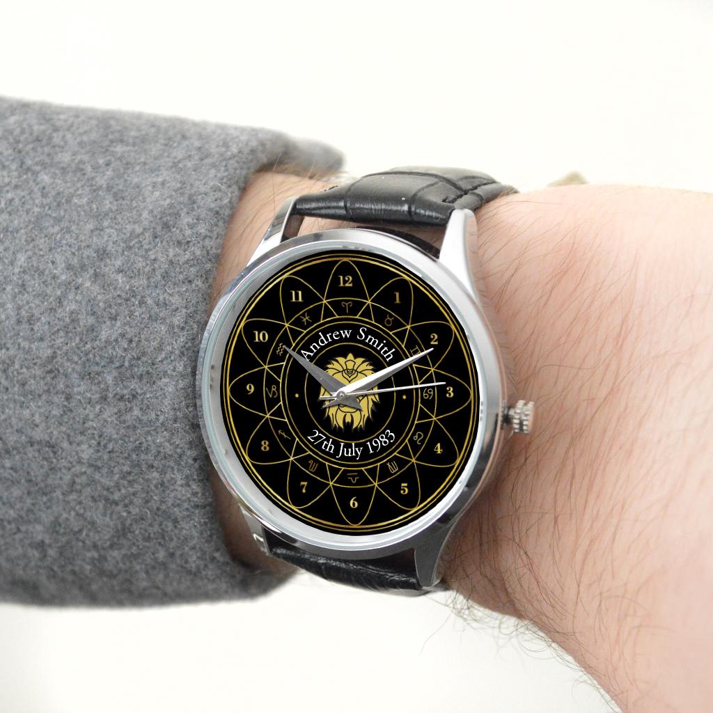 Personalised Wrist Watch with Leo Arabic Design