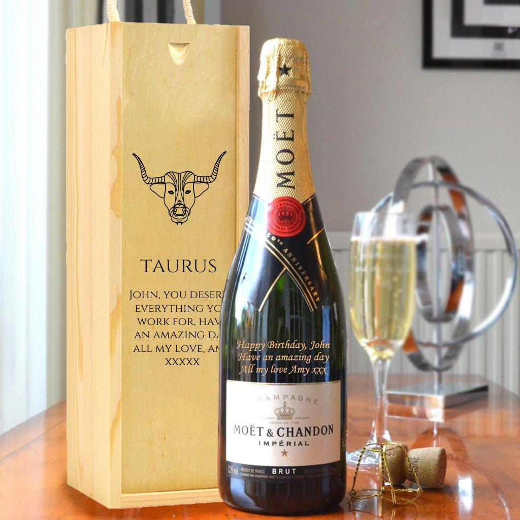 Personalised Taurus Design Moet And Wooden Carry Box.