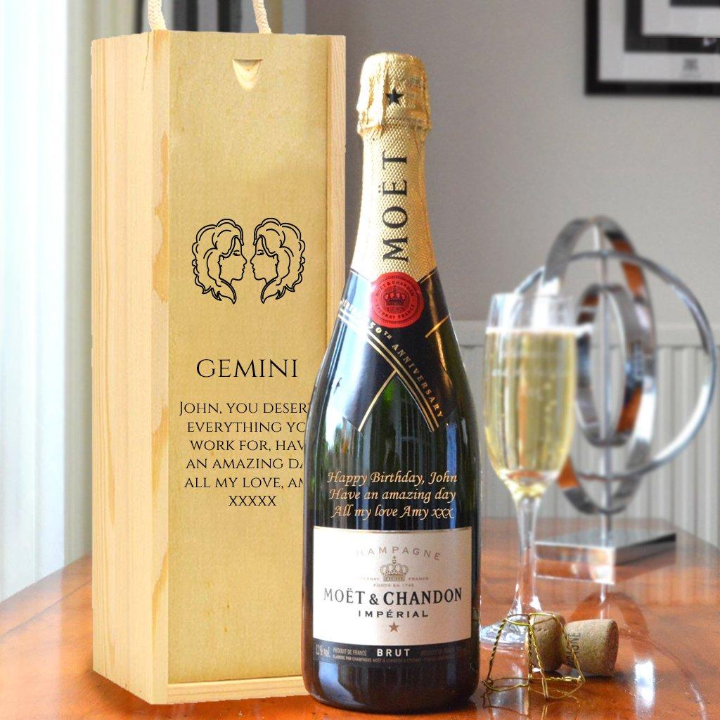 Personalised Gemini Design Moet And Wooden Carry Box.