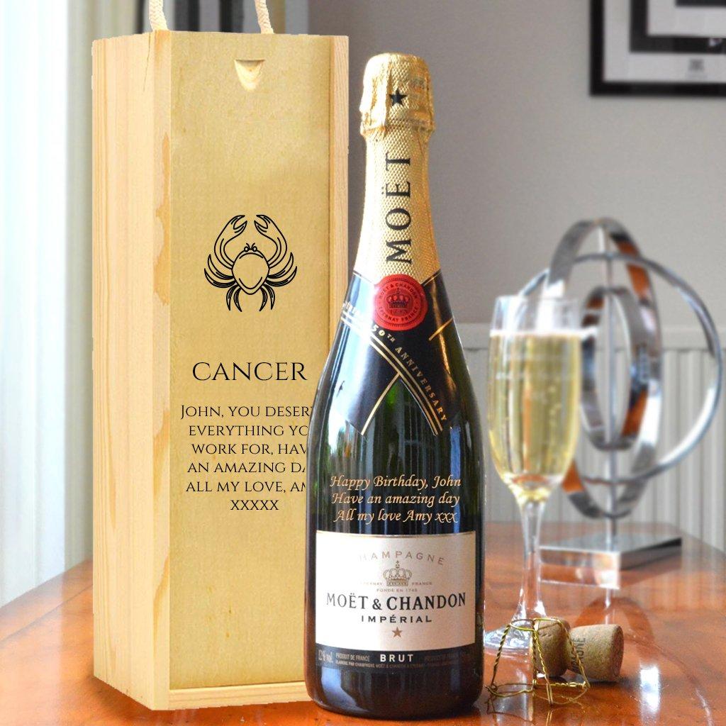 Personalised Cancer Design Moet And Wooden Carry Box.