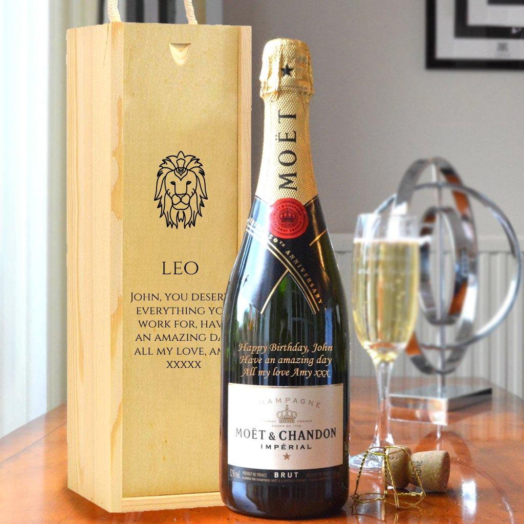 Personalised Leo Design Moet And Wooden Carry Box.