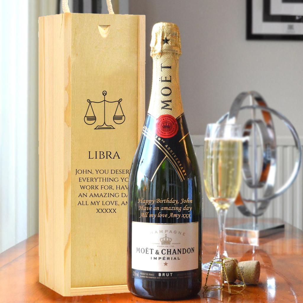 Personalised Libra Design Moet And Wooden Carry Box.