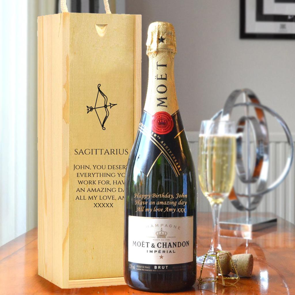 Personalised Sagittarius Design Moet And Wooden Carry Box.