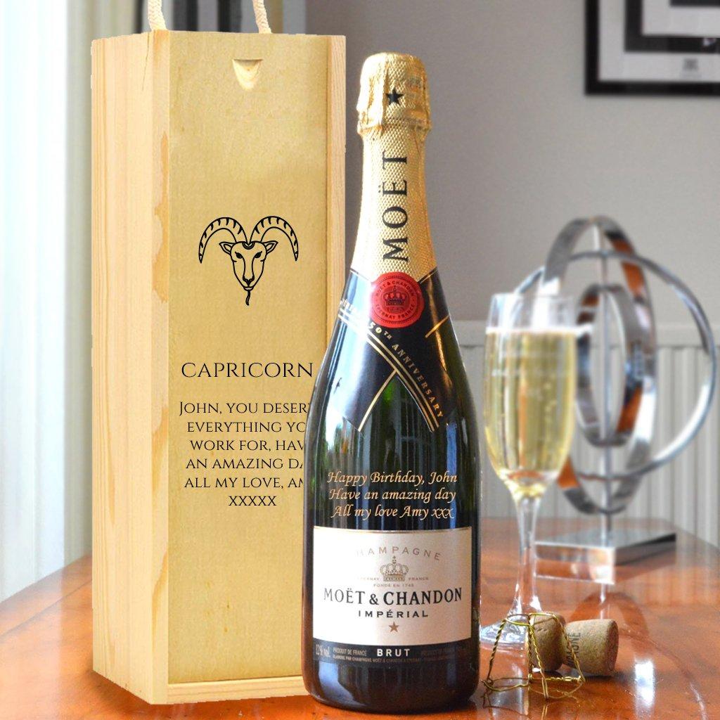 Personalised Capricorn Design Moet And Wooden Carry Box.