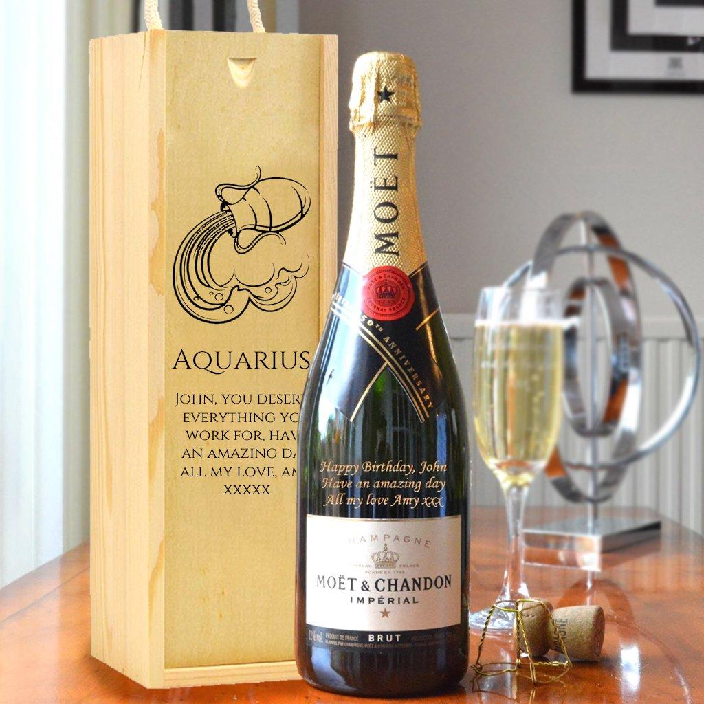 Personalised Aquarius Design Moet And Wooden Carry Box.