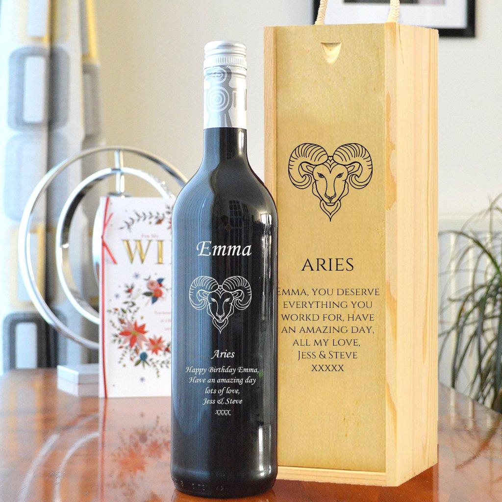 Personalised Aries Design Wine And Carry Box Set