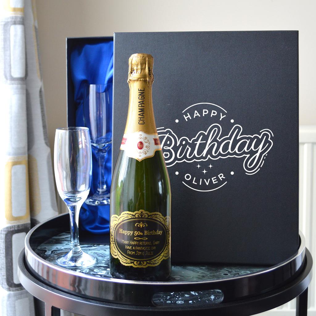 Personalised Champagne Gift Set With Retro Design Box