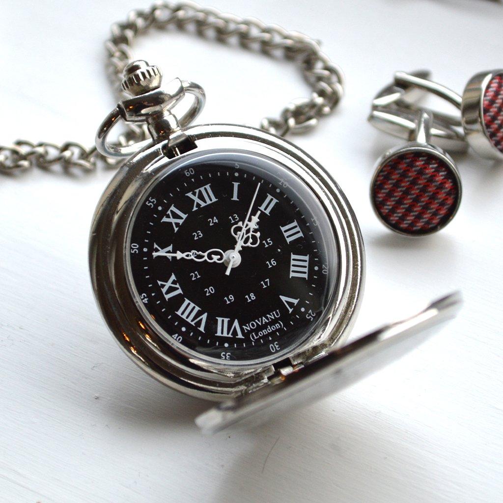 Personalised Silver Plated Black Dial Pocket Watch