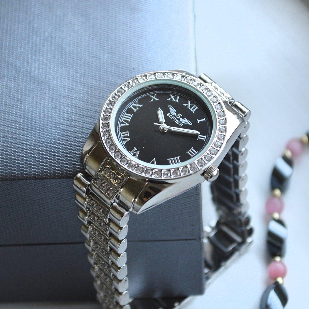 Personalised Engraved Silver Wrist Watch with Diamonte Dial and Strap