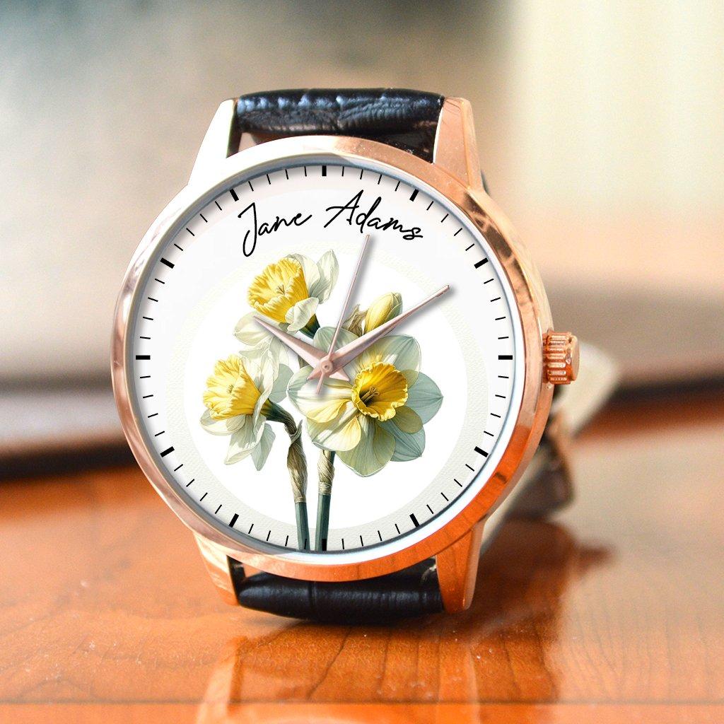 Personalised Wrist Watch With Floral Narcissus Birth Flower Design