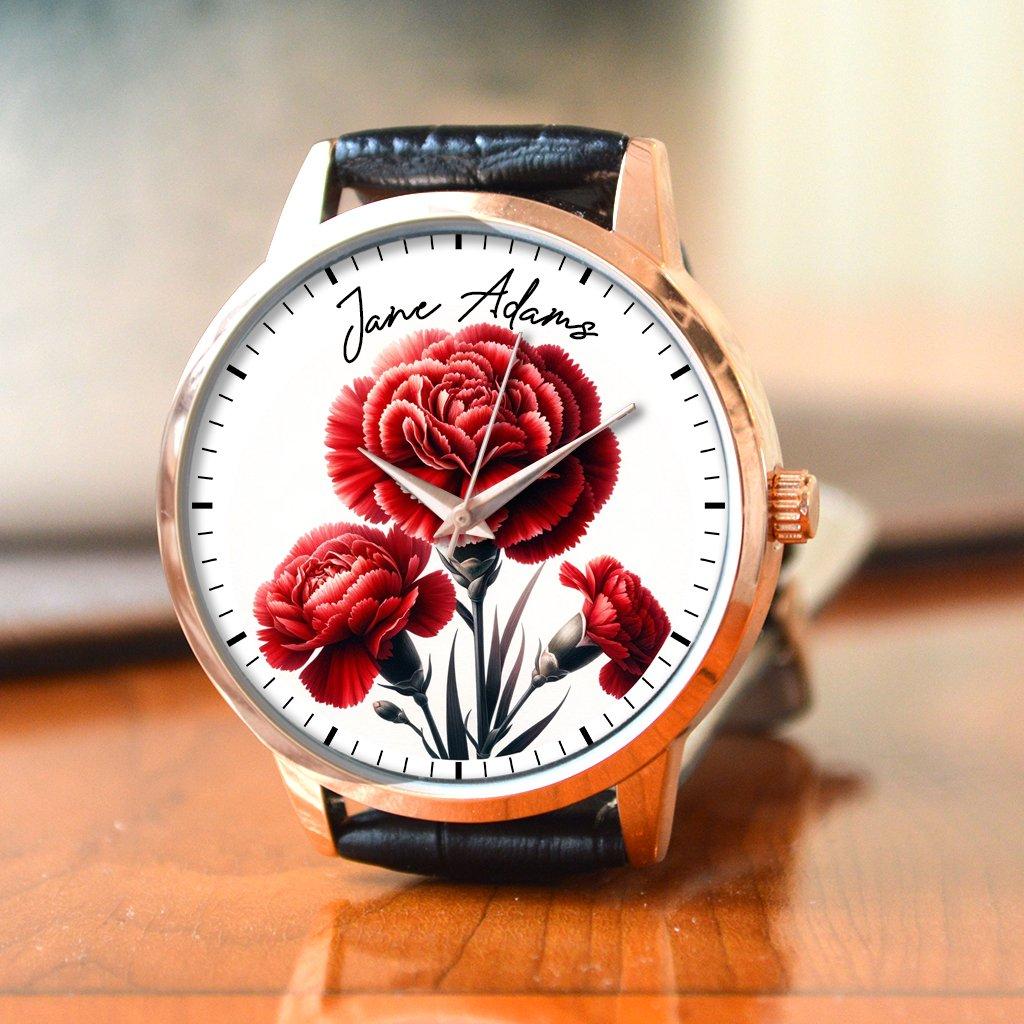 Personalised Wrist Watch With Floral Carnation Birth Flower Design