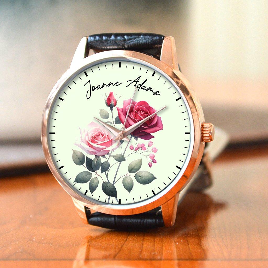 Personalised Wrist Watch With Floral Rose Birth Flower Design