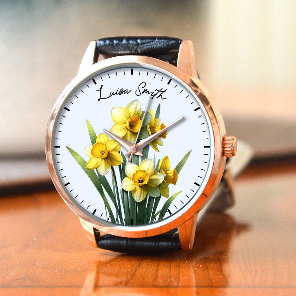 Personalised Wrist Watch With Floral Daffodil Birth Flower Design