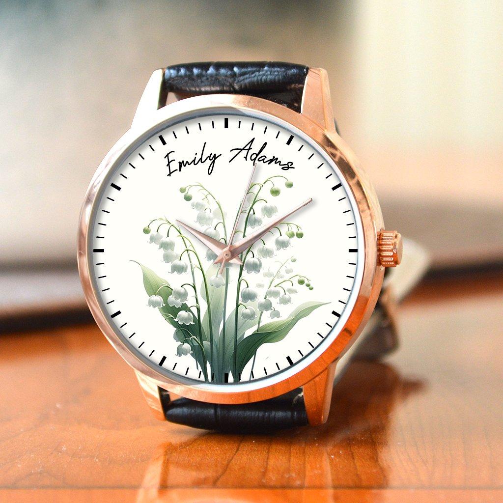 Personalised Wrist Watch With Floral Lily of the Valley Birth Flower Design