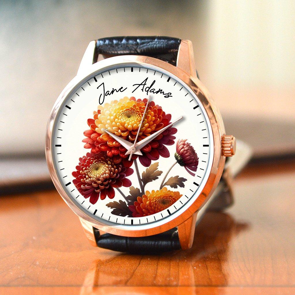 Personalised Wrist Watch With Floral Chrysanthemum Birth Flower Design