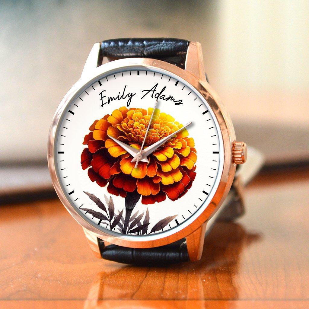 Personalised Wrist Watch With Floral Marigold Birth Flower Design