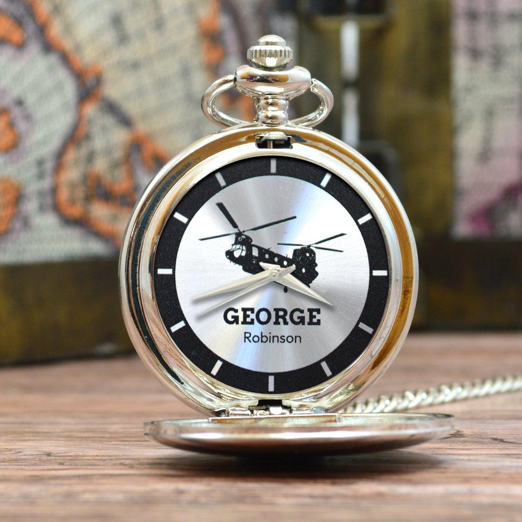 Personalised Chinook Aircraft Silver Dial Pocket Watch