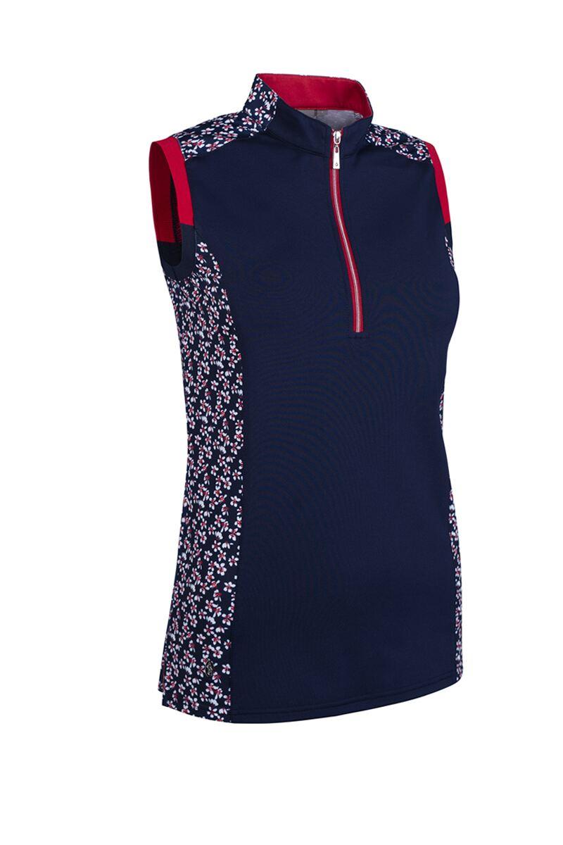 Ladies Printed Panel Zip Sleeveless Performance Golf Shirt Navy/Garnet Flowers XL