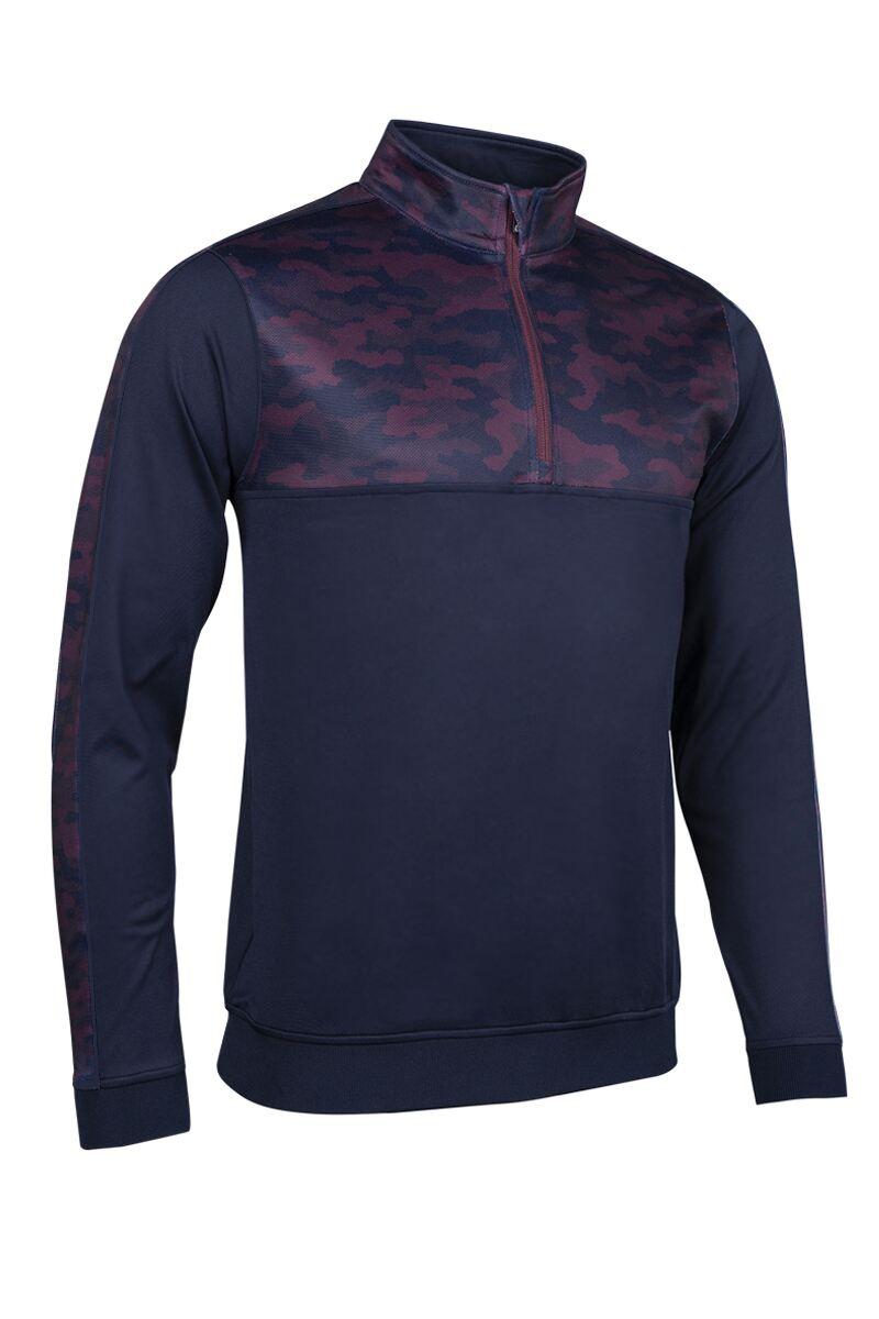 Mens Quarter Zip Thermal Panelled Fleece Showerproof Golf Midlayer Navy/Mulberry Camo S