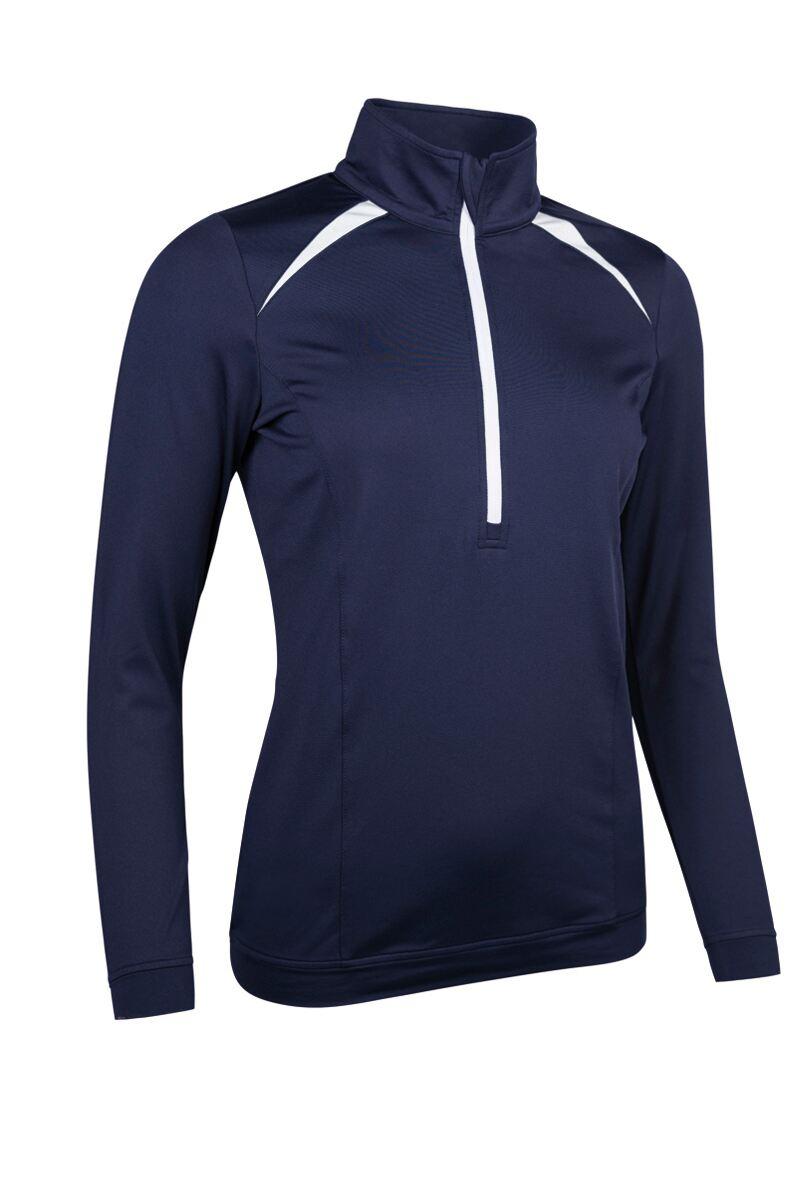 Ladies Quarter Zip Shoulder Panelled Performance Fleece Golf Midlayer Navy/White M