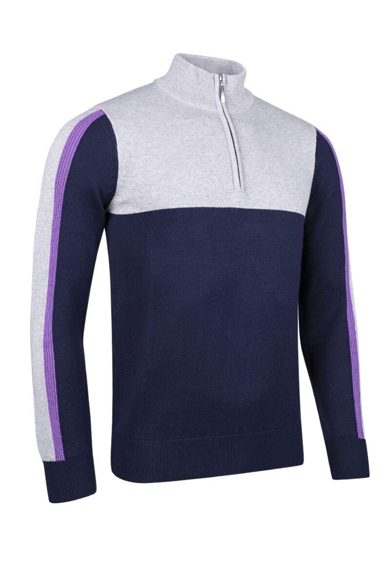 Mens Quarter Zip Sleeve Stripe Touch of Cashmere Golf Sweater Navy/Light Grey Marl/Amethyst Marl M