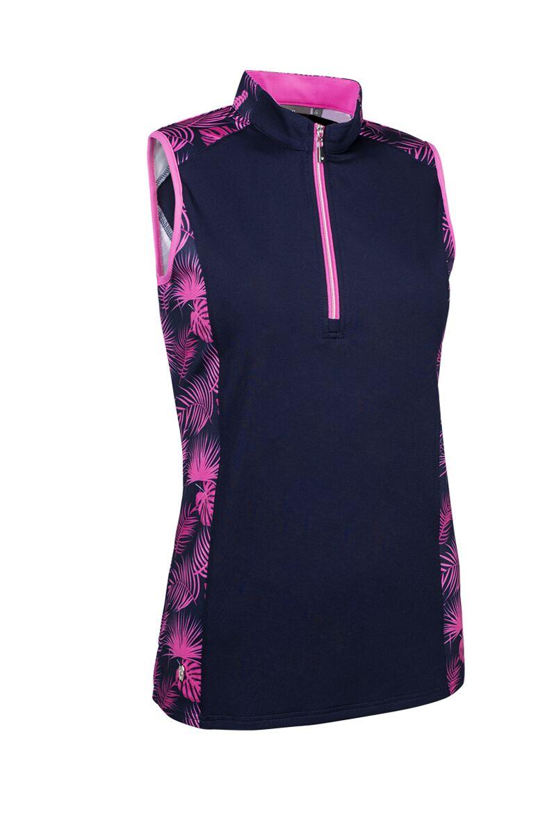 Ladies Printed Panel Zip Collar Sleeveless Performance Golf Shirt Navy/Hot Pink Tropical Print S