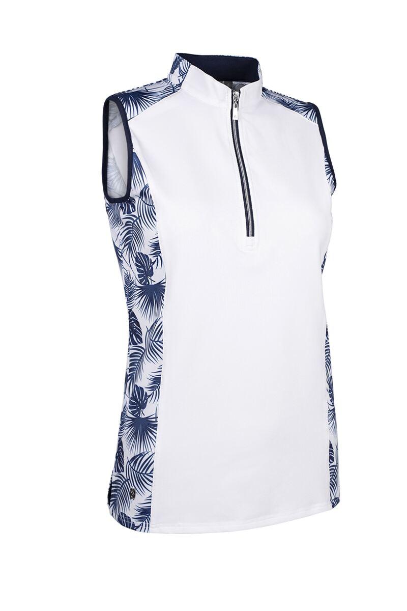 Ladies Printed Panel Zip Collar Sleeveless Performance Golf Shirt White/Navy Tropical Print L