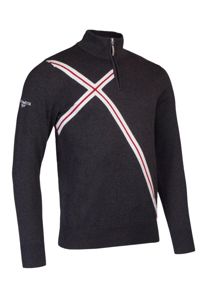 Mens Quarter Zip Abstract Cross Cotton Golf Sweater Charcoal/White/Garnet XXL