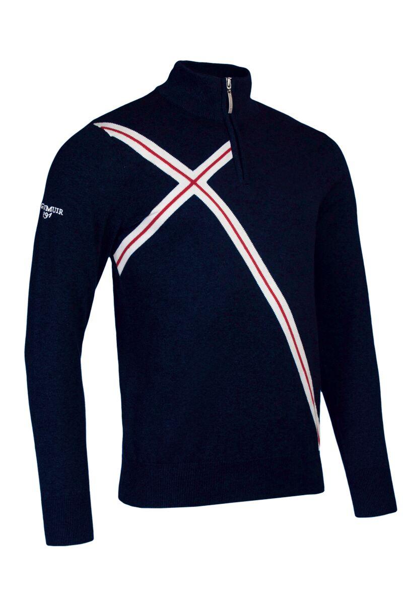 Mens Quarter Zip Abstract Cross Cotton Golf Sweater Navy/White/Garnet L