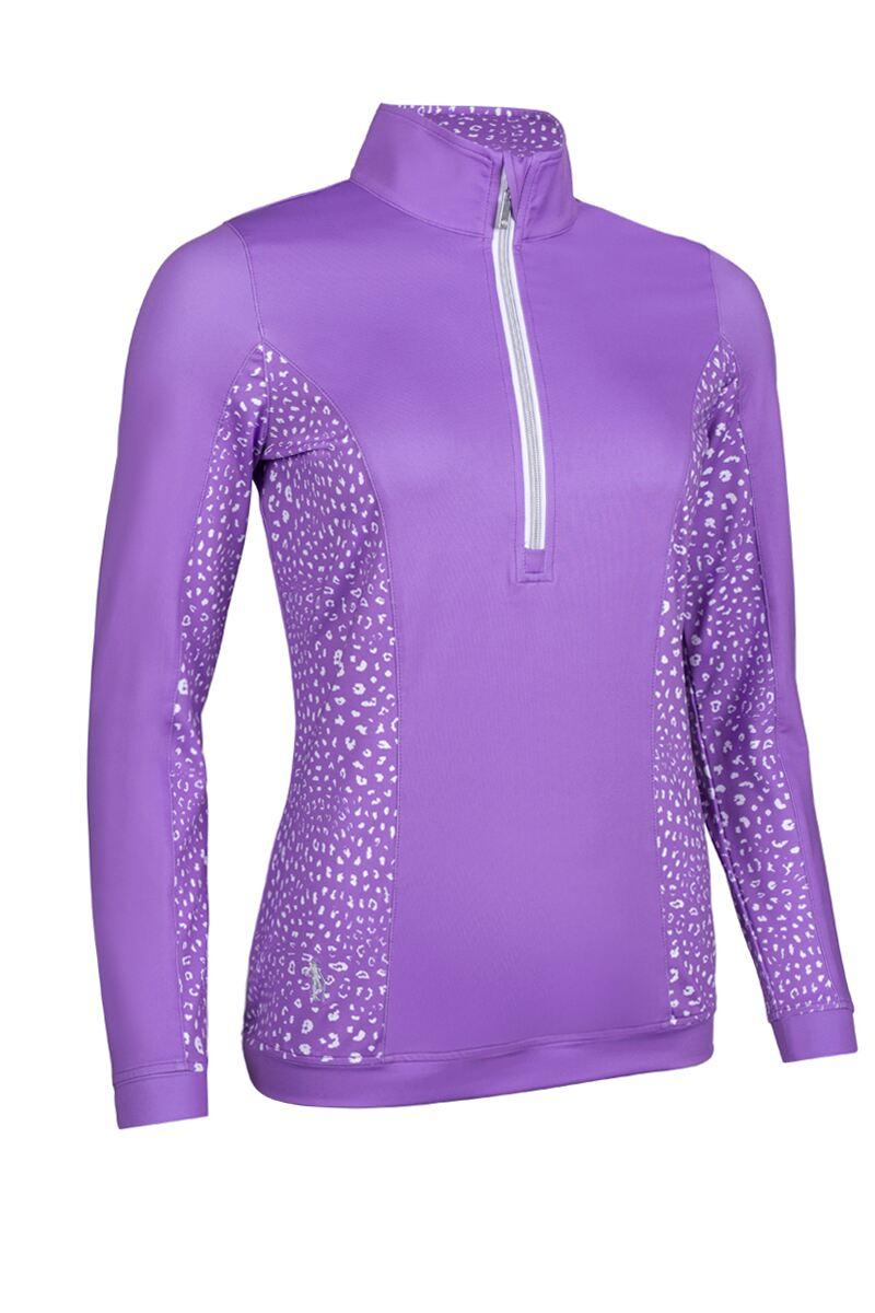 Ladies Quarter Zip Shaped Panel Performance Golf Midlayer Sale Amethyst/White Animal Print S