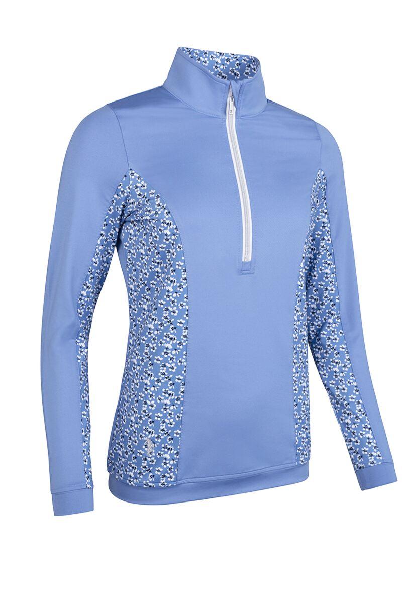 Ladies Quarter Zip Shaped Panel Performance Golf Midlayer Light Blue Flowers S