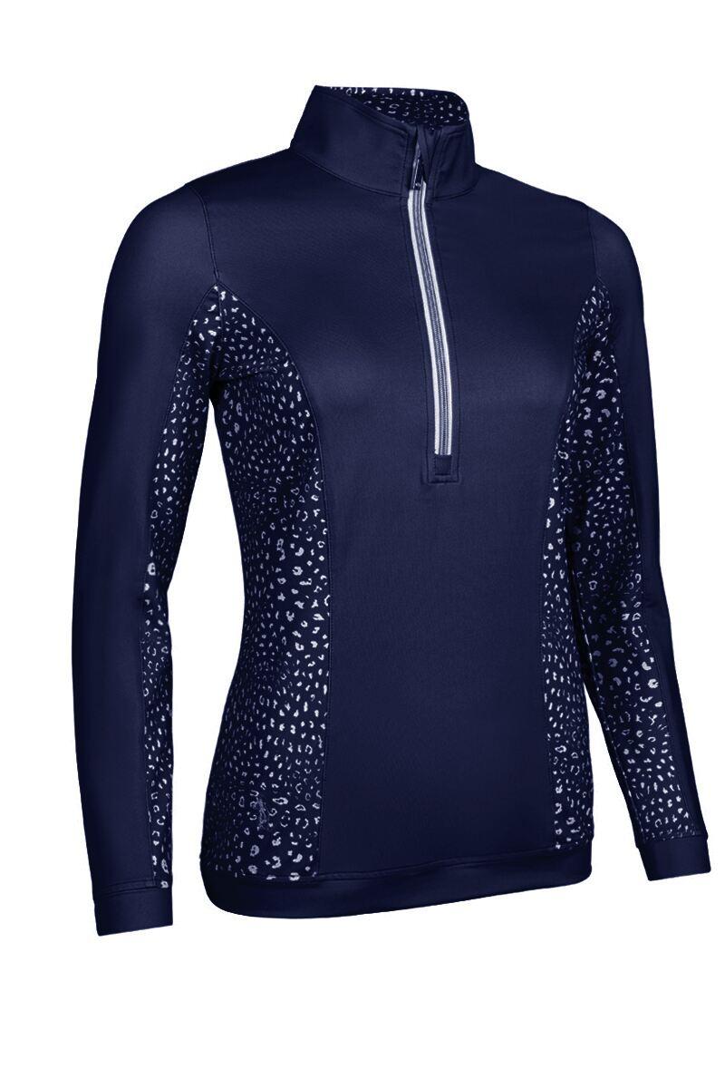 Ladies Quarter Zip Shaped Panel Performance Golf Midlayer Sale Navy/White Animal Print S