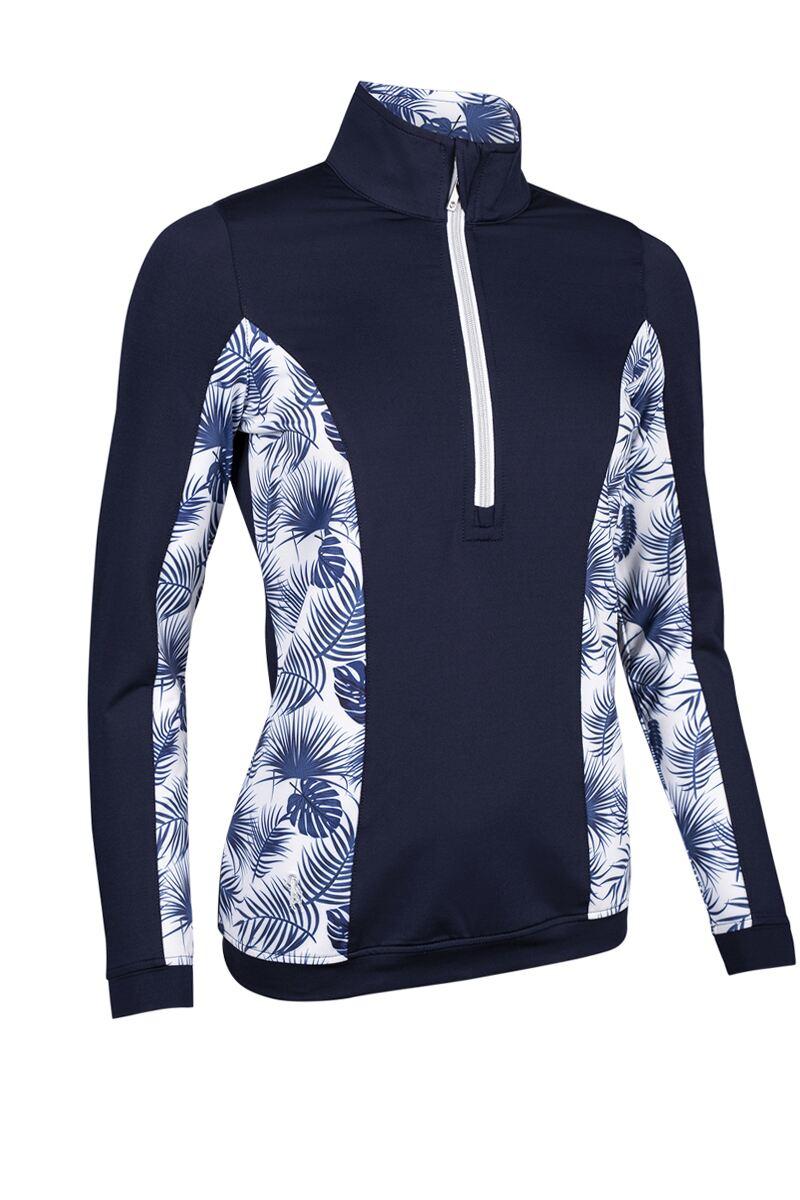 Ladies Quarter Zip Shaped Panel Performance Golf Midlayer Navy/White Tropical Print M