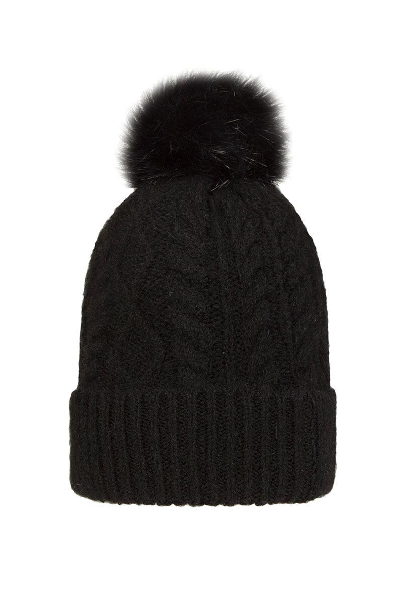 Ladies Thermal Lined Faux Fur Bobble Hat Black One Size