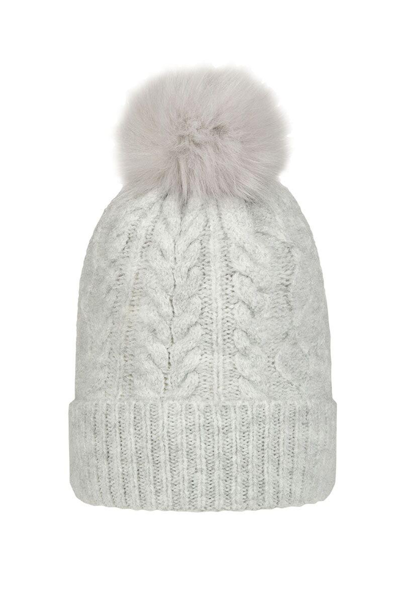 Ladies Thermal Lined Faux Fur Bobble Hat Light Grey Marl One Size