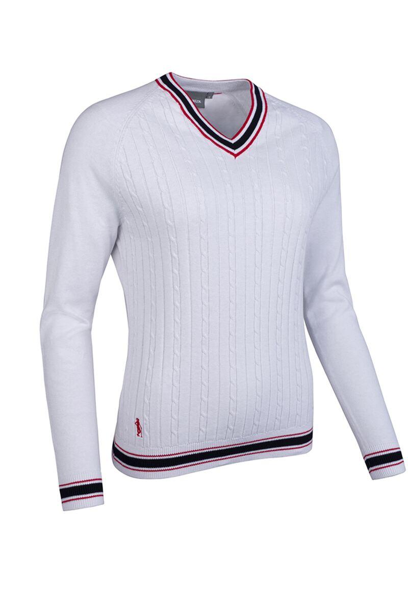 Ladies V Neck Raglan Cable Front Cotton Golf Sweater White/Navy/Garnet M