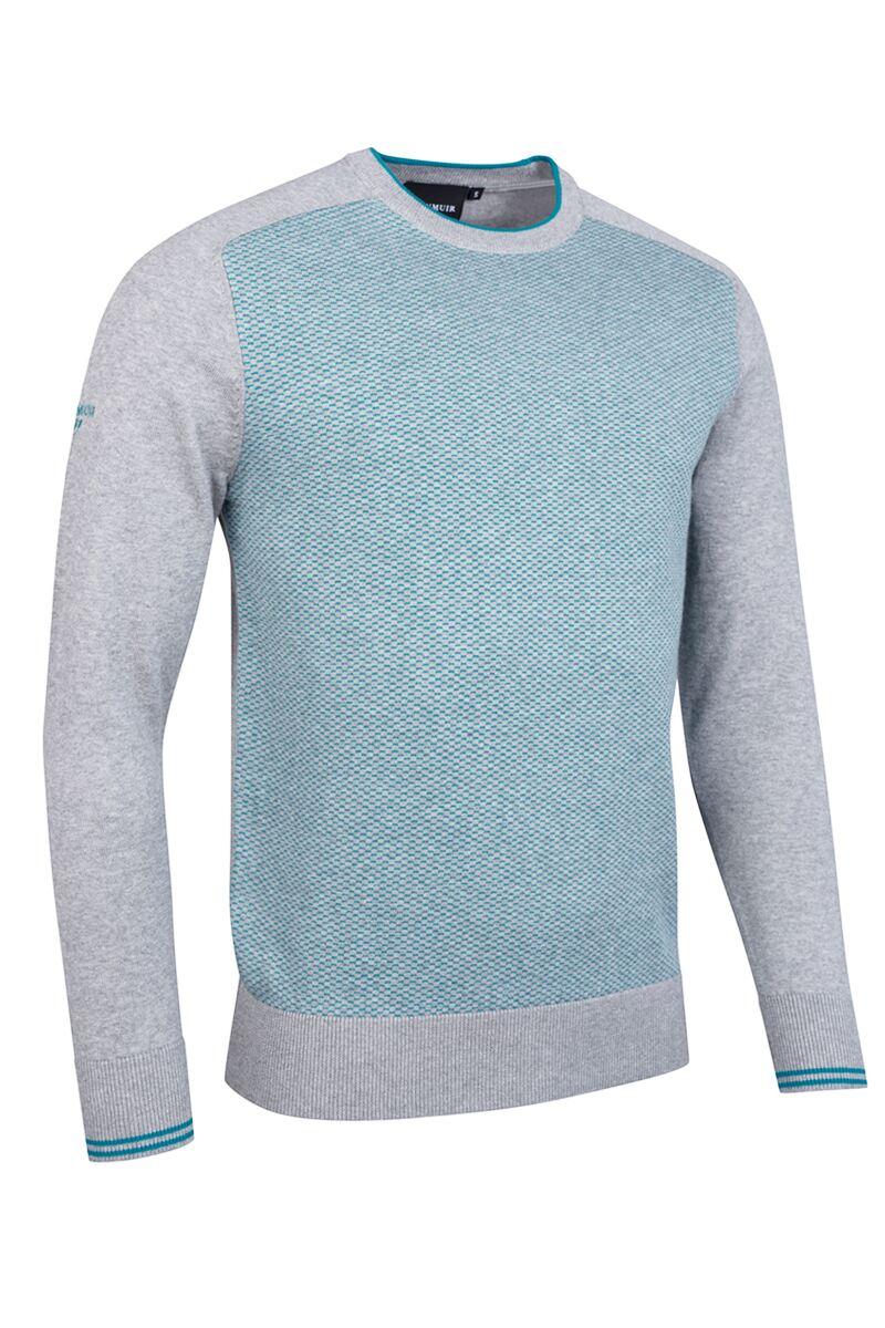 Mens Crew Neck Birdseye Front Cotton Golf Sweater Light Grey Marl/Lagoon S