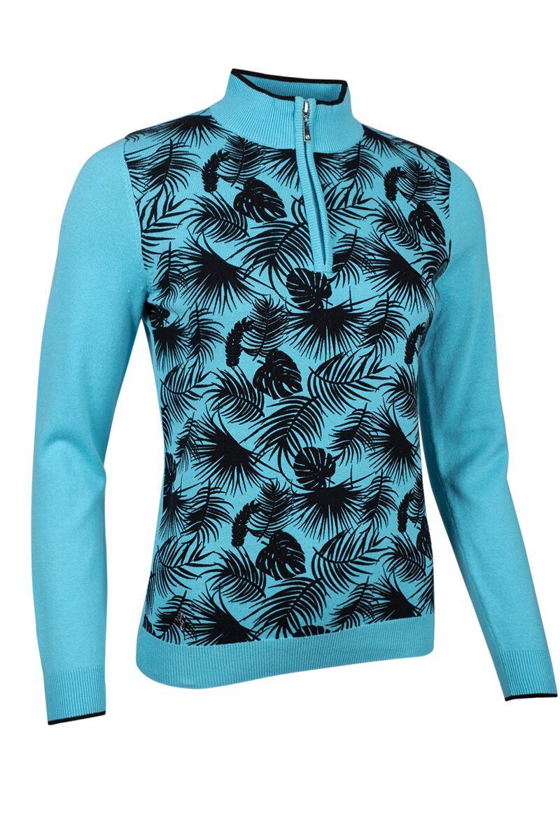 Ladies Quarter Zip Printed Cotton Golf Sweater Aqua/Black Tropical Print M