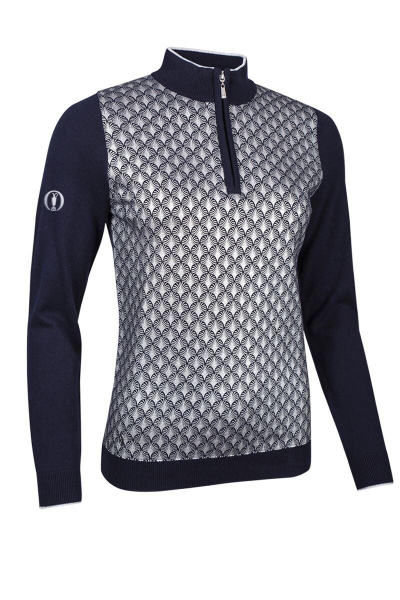 The Open Ladies Quarter Zip Printed Cotton Golf Sweater Navy/Silver Foil Print L