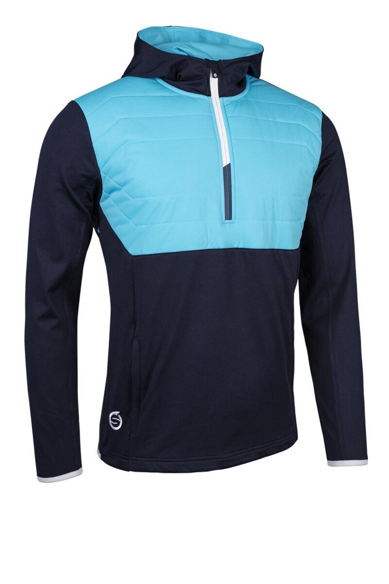 Mens Zip Front Colour Block Showerproof Hybrid Padded Golf Hoodie Navy/Aqua/White XL