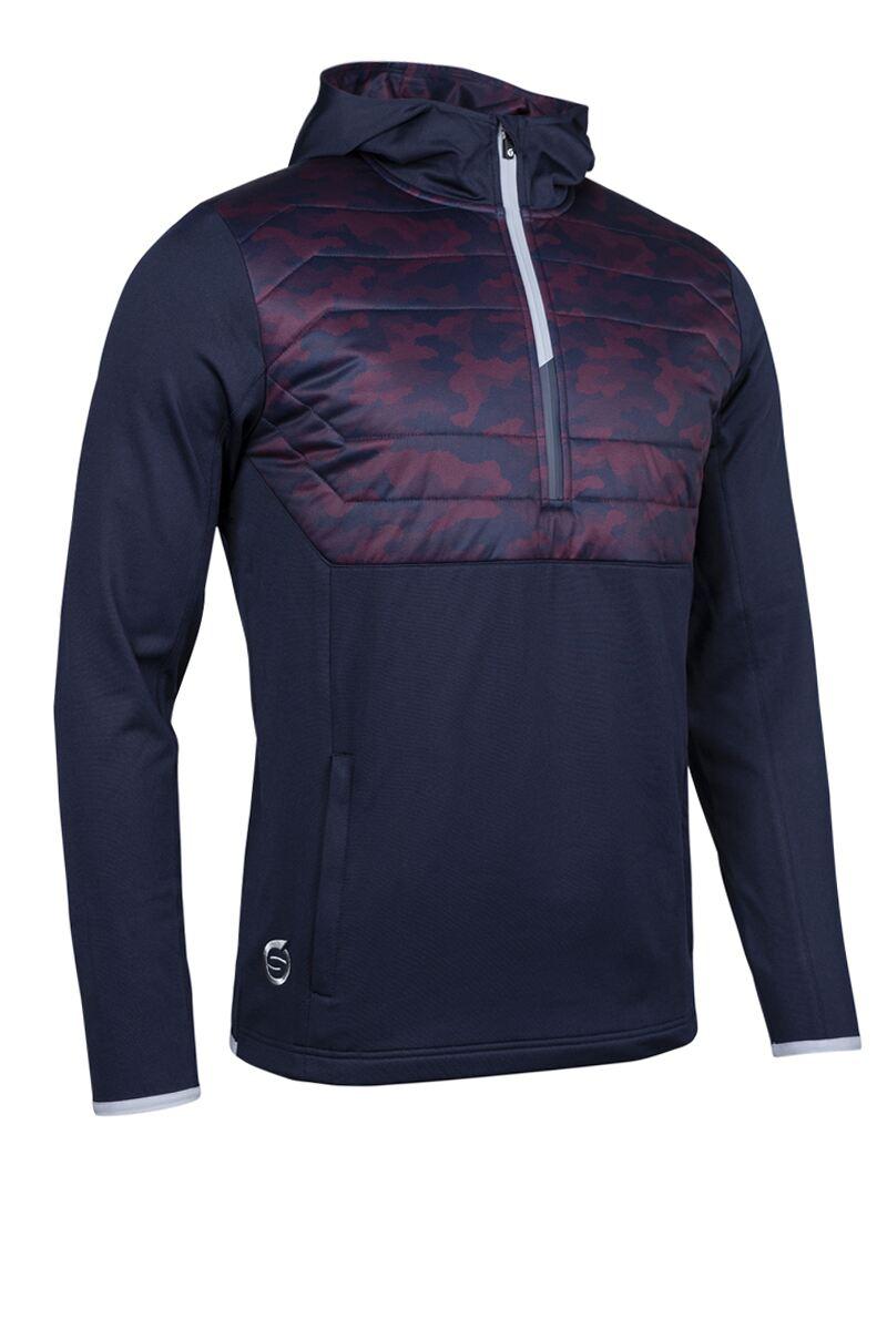 Mens Zip Front Colour Block Showerproof Hybrid Padded Golf Hoodie Navy/Mulberry Camo/Silver S