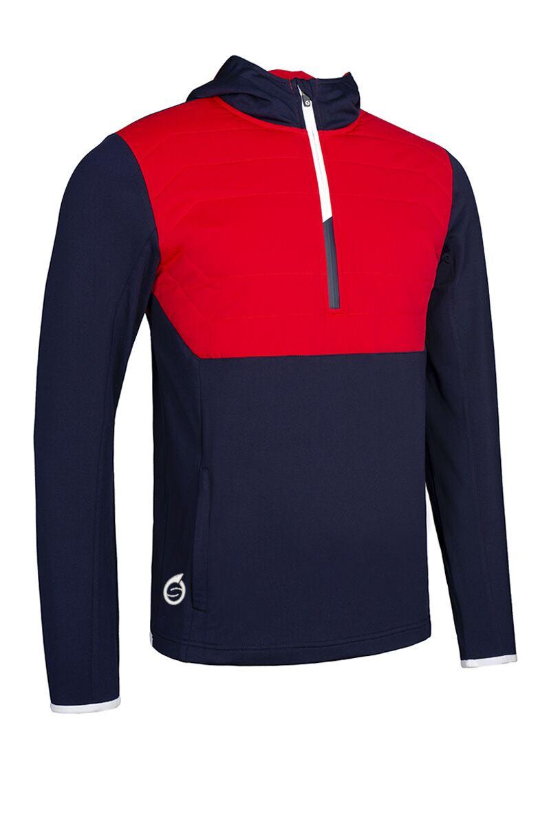 Mens Zip Front Colour Block Showerproof Hybrid Padded Golf Hoodie Navy/Red/White S